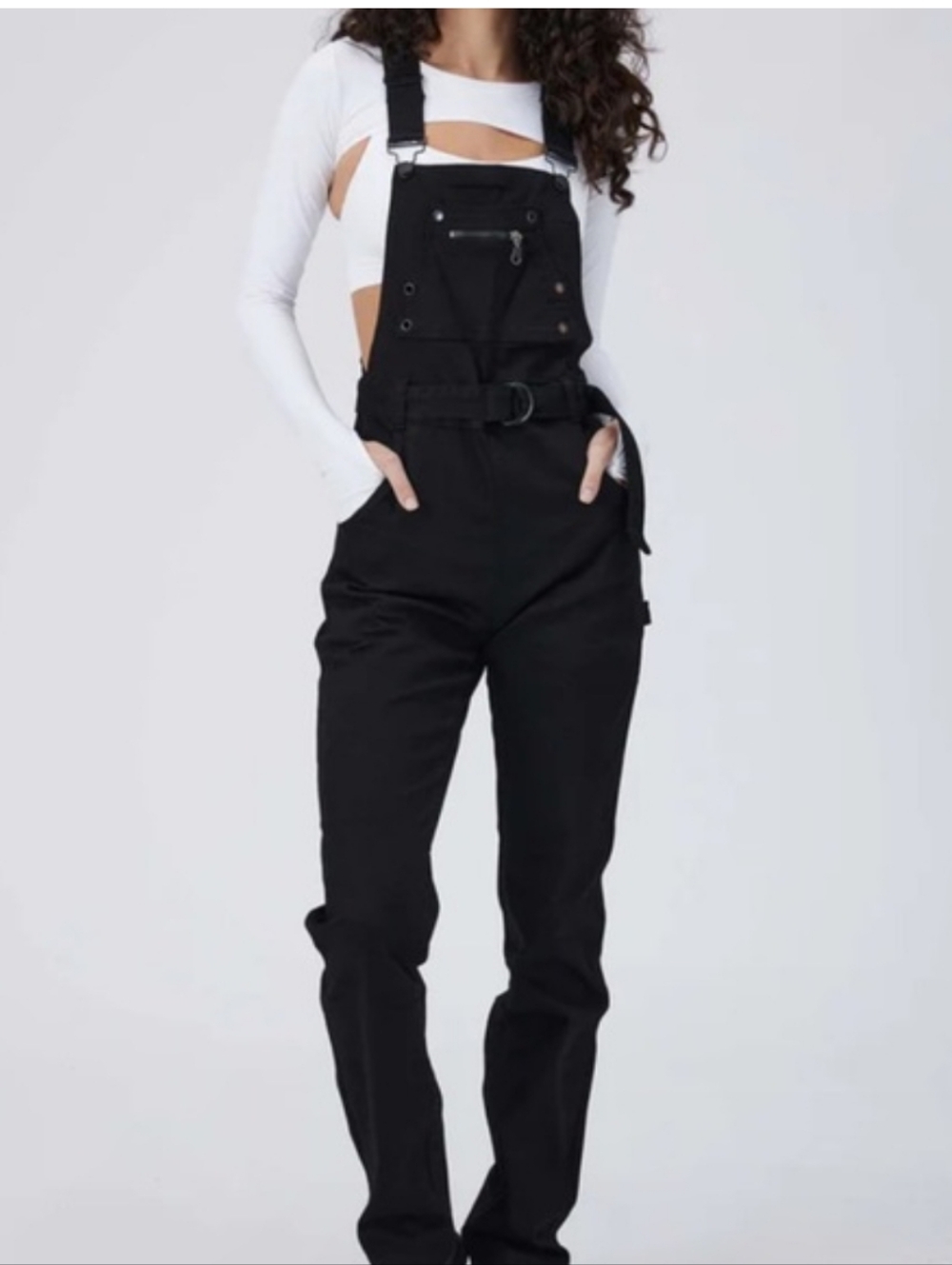 Buffbunny Over It All Black Overalls Stretch Belted with Adjustable Straps Black